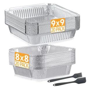 웜박스코 40팩 일회용 알루미늄 팬 콤보 세트-9x9 20개 사각 양철 호일 8x8 식사 준비 음식 조리 로스팅