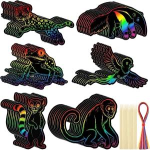 귀빈 60개 VBS 2026 공예 스크래치 카드 열대우림 테마 동물 DIY 키트 나무 막대기와 리본이 달린 디자인