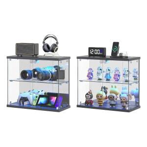 다이슬러 2pcs LED 투명 유리 디스플레이 케이스 - 피규어 및 수집품, 충전소가 있는 소형 2단 캐비닛, 조명 인체 센서가 박스, 모델카, 향수, 그레이