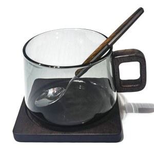 300ml 나무 손잡이 그라인드 커피 유리 머그잔 트레이 스푼 내열성 신선한 지상 컵 밀크 티 Drinkwa