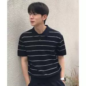MINDBRIDGE [COUTURE]워셔블 모던 스트라이프 카라 반팔 니트 - 2color