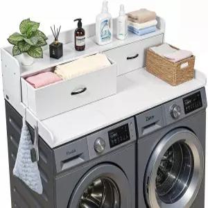 VEVOR 2 서랍 세탁기 건조기 조리대 선반 54인치 x 27인치 나무 세탁 후크 및 스플라이싱 패널 2개 세탁실
