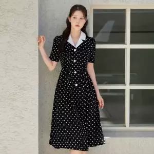 시크라인 XXL까지) 아리엔 배색 카라 도트 원피스 하객룩 오피스룩 모임룩 격식룩 데이트 플레어 빅사이즈