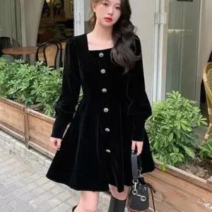 데님원피스 스퀘어넥 프론트 버튼 장식 벨벳 플레어 원피스