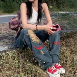 키큰녀 찢청 바지 스트릿 스판 찢청바지 청바지코디 청바지 데님팬츠