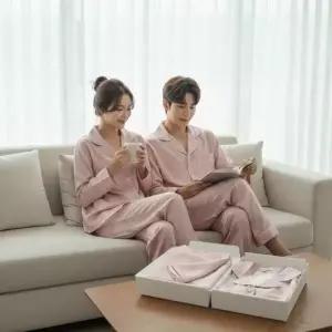 [하프클럽/]커플 잠옷 간절기 긴팔 파자마 남녀 공용 홈웨어 상하의 실내복