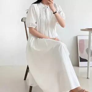 [하프클럽/옷자락]여자 여름 휴양지룩 핀턱 리본 나그랑 퍼프 롱원피스