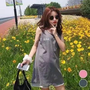 편한 그레이 민소매 롱 핑크 나시 여성 그레이 민소매 나시 미니원피스 ONM