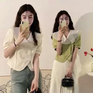 블라우스 쉬폰 편한 이중 레이스 빅카라 이중 빅카라 쉬폰 블라우스 URD 자켓st 세미크롭