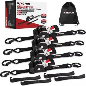 킹펀 리트랙터블 래칫 스트랩 4팩 - 1인치 x 10피트 자동 타이 다운 오토바이 ATV UTV 트레일러 등을 위한