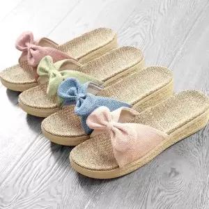JUN팩토리 여성 남자 라탄 린넨 린넨리본 굽4cm) 왕골슬리퍼 여름 거실용 실내화 거실슬리퍼