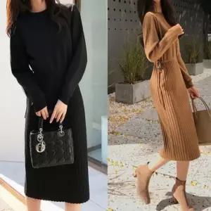친절한탄씨 허리 가을 겨울 루즈핏 니트원피스 스트랩 라운드넥 니트원피스 롱니트원피스