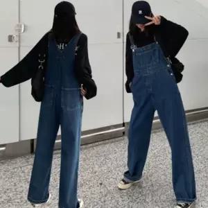 [하프클럽/]진청 와이드 여자 점프수트 통바지 데님 청 멜빵바지