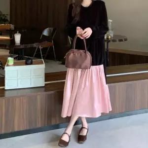 데이트룩 블랙 핑크 배색 활용도 좋은 벨벳 롱원피스