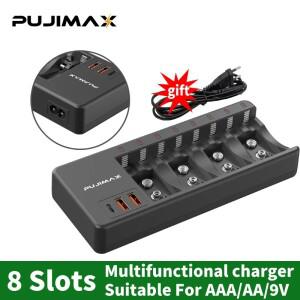 PUJIMAX 8슬롯 멀티 충전기(AC 케이블 포함) 배터리 충전기 1.2V Ni-MH/Ni-Cd/9V 리튬 이온 충전식 고속 충