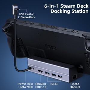 Steam Deck/ROG Ally/Legion Go/OLED용 6-in-1 스팀 데크 독 HDMI 4K UHD 1000Mbps RJ45 이더넷 3개의 USB