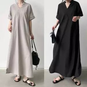 G127090_심플라인 차이나카라 V넥 루즈핏 롱원피스