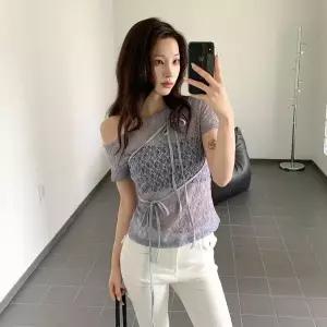 [하프클럽/옷자락]여자 랩 오프숄더 시스루 레이스 반팔 티셔츠