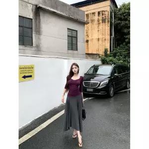 순욕풍 세트 타이트한 허리 접기 V넥 중소매 티셔츠 상의 여성 여름 하이웨스트 불규칙 스커트 투피스