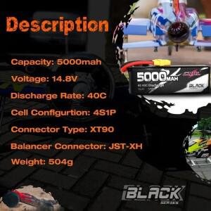 CNHL 14.8V 4S 리포 배터리 5000mAh 40C 블랙 시리즈 (XT90 플러그 포함) 비행기 헬리콥터 드론 자동차 보