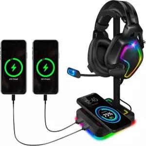 무선 충전기 게이밍 헤드셋 홀더 2인치 충전 패드 1개와 데스크톱 PC 게임 액세서리용 USB 포트 2개가 있는