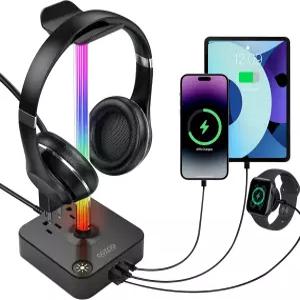 USB 충전기가 있는 RGB 헤드폰 스탠드 COZOO 데스크톱 게임 헤드셋 홀더 행거 3개와 콘센트 2개 - DJ 무선