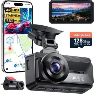쿨크레이지 4K 대시캠 앞뒤 스타비스 센서 128GB 카드 무료 포함 5GHz WiFi 최대 20MB/s 차량용 듀얼 대시 카메라 내장 GPS G-센서 WDR/HDR Black