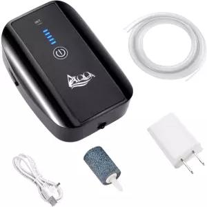 AQQA 수족관 에어 펌프 스톤 튜브 USB 케이블 및 어댑터가 장착된 담수 염수 탱크용 배터리 충전식 휴대용