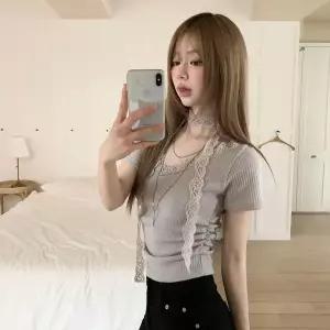 [하프클럽/옷자락]여자 레이스 초커 브이넥 니트 4컬러 반팔 티셔츠