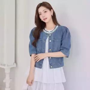 [모리스커밍홈] 진주 넥라인 데님 반팔 자켓_M2604JK038B