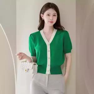 [모리스커밍홈] 배색 퍼프 반팔 니트 가디건_M2605CD035B