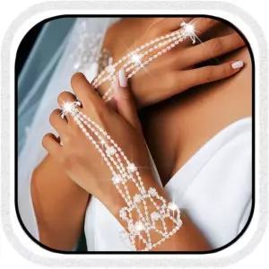 여성용 고틴 라인스톤 장갑 실버 핑거리스 크리스탈 프롬 핸드 체인 웨딩 신부용 Free size Silver