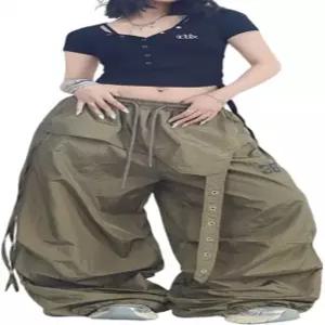 스케이트보드 프로그 여성용 Y2K 경량 와이드 레그 카고 팬츠 배기 힙합 스트리트웨어 낙하산 퀵 드라이 재즈 댄스 1299-army Green Small