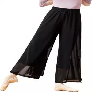 댄스 발레 요가를 위한 데이댄스 여성 팔라초 팬츠 루즈 2겹 사이드 슬릿 라운지웨어 Large Black-2 Layers