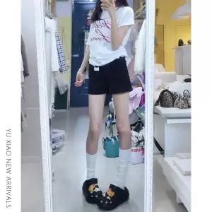 블랙 데님 반바지 여성 여름 얇은 스판 뚱뚱 mm 배형 몸매 날씬해 보이고 큰 사이즈 작은 키 a자 핫팬츠