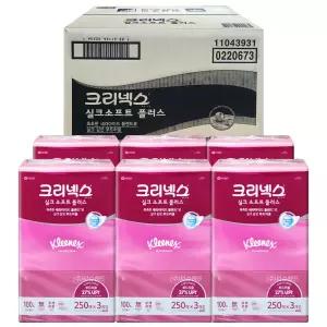 크리넥스 각티슈 실크소프트 미용티슈 250매 3개입x6개(총18각)