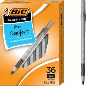 BIC 원형 스틱 그립 엑스트라 컴포트 블랙 볼펜 중간 지점 1.2mm 36개 팩 부드러운 뛰어난 편안함과