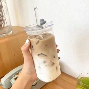 뚜껑과 밀짚이있는 1pc 사각형 유리 커피 머그잔 아이스 우유 주방 및 식사 컵용 맥주 용 투명한 Drinkwa