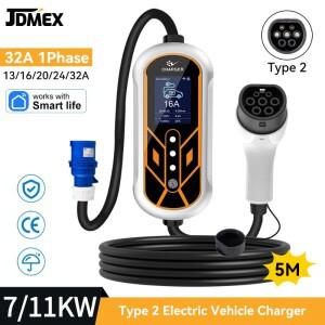 32A 7KW 단상 Type2 EV 휴대용 충전기 11KW 16A 3상 EVSE 고속 충전 케이블 5m CEE 플매트 카펫 러그 앱 제