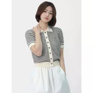 엘케이트 여자 여름 쿨 데일리 캐주얼 베이직 스트라이프 부클 카라 반팔 가디건 LSL