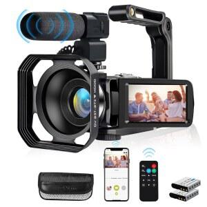 4K 비디오 카메라, 캠코더 48MP 울트라 HD 마이크, 18X 2개 디지털 WI-FI 포함 3인치 스크린 스태빌라이저, 줌 배터리 리모컨, 후드, 유튜브 터치 블로깅 렌즈