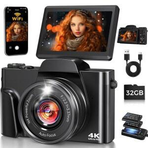 WI-FI가 있는 사진용 4K 디지털 카메라, 32GB 스크린 7.6CM(3인치) 64MP 180 블로깅 방지, 16X 블랙 배터리 자동 카드, 컴팩트 유튜브용 초점 2개, 줌 흔들림 여행 플립