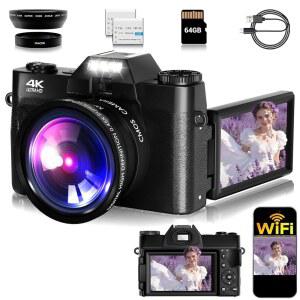 카메라 디지털, FHD 75MP WI-FI 4K 유튜브용, 카드, 비디오 초보자용 16X 클립 배터리 2개, 블랙 앤 줌, 포인트 7.6CM(3인치) 카메라, SD 디지털 64GB 180 F 스크린, 슛 블로깅