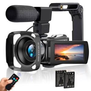 LOVPO 캠코더 비디오 카메라 4K HD 마이크, 렌즈 카메라, 18X 리모컨 스태빌라이저, 레코더, 디지털 및 줌 48MP 2개 포함 캠코더용, 블로깅 터치 3인치 스크린 후드, 유튜브 배터리