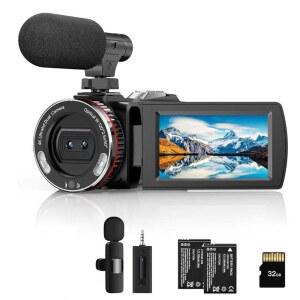 WEOCHI 비디오 카메라, 캠코더 4K, 64MP 렌즈 카메라 스크린 있는 30FPS 디지털 레코더 블로깅 마이크, 울트라 카드가 3인치 64GB 듀얼 줌, 유튜브용 SD 무선 21X HD