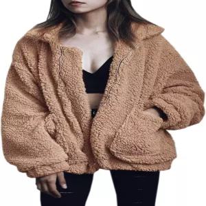 에코와시 여성 재킷 겨울 코트 - 2025 퍼 플리스 긴 소매 셰르파 인조 퍼지 가을 테디 플러피 지퍼 라펠
