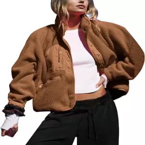 APAFES 여성 크롭 셔파 안감 플리스 재킷 겨울 웜 버튼 다운 퍼지 코트 샤켓 아우터 주머니 포함