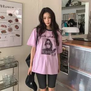 [하프클럽/]여자 데일리 루즈핏 유니크 사진나염 라운드넥 면 반팔 티셔츠