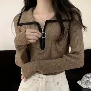 [하프클럽/]여성 반지퍼 골지 카라 데일리 니트 긴팔 티셔츠 티 데일리 골지