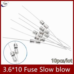 10pcs 3.6x10 유리 퓨즈 느린 블로우 250V T0.5A 1A 1.6A 2A 2.5A 3A 3.15A 4A 5A 6A 6.3A 8A 3.6x10mm